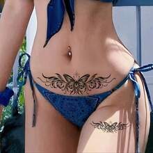 1 pezzo Tatuaggio temporaneo elegante a farfalla in pizzo per donne - Sexy e unico, progettato per addome, clavicola, zone intime - Copri cicatrici, adesivo per petto e gamba, ideale per feste in piscina estive e festival musicali - nero - Visualizzare 2