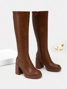 Athlefit Women's Stretch Knee High Boots - Platform Chunky Heel Square Toe Side Zip - 譚 - 查看 1