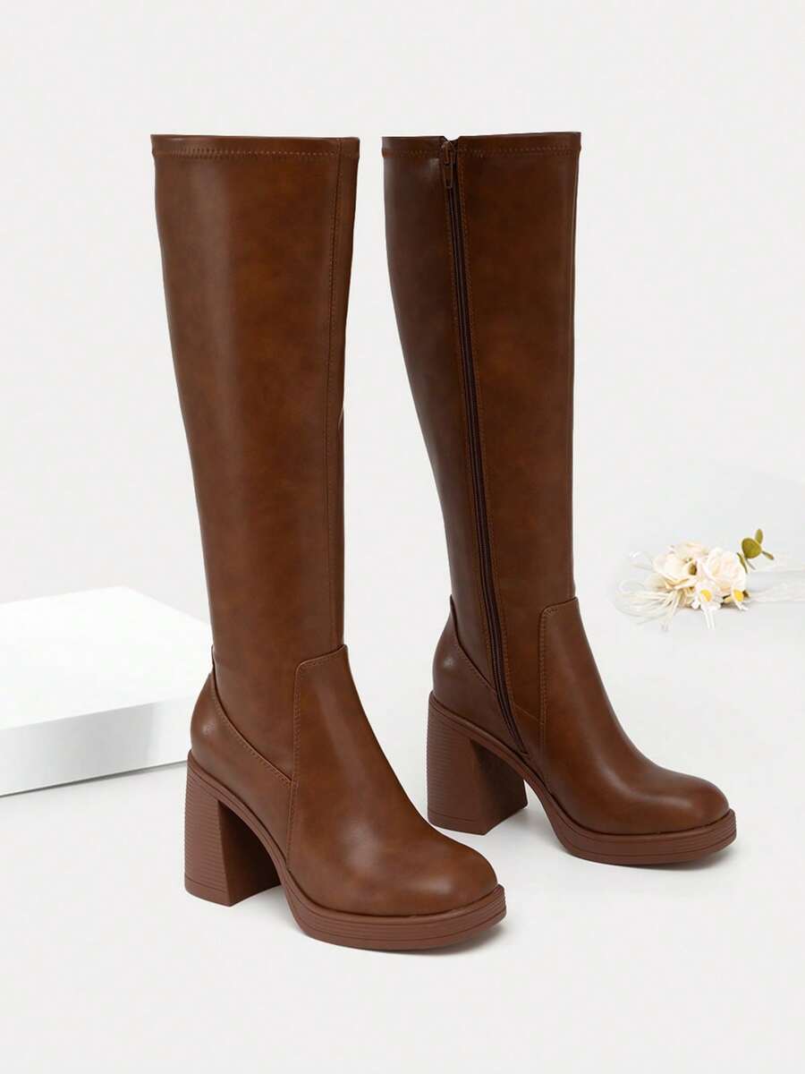 Athlefit Women's Stretch Knee High Boots - Platform Chunky Heel Square Toe Side Zip - 譚 - 查看 1