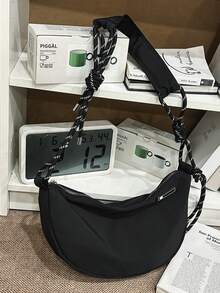 男士尼龙单肩包，大容量，时尚纯色，旅行/度假礼物，适合户外活动、学生、骑行、露营、返校、大学风格、高中生、运动等场合。 - 黑色 - 查看 5