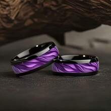 1pc 8mm Purple Grain Stainless Steel Fashionable Elegant Couple Rings, Black Purple Texture, Suitable For Men And Women Daily Wear, Gift - Multicolor - View 4