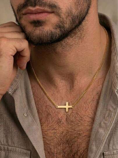 Men's 18K Gold Plated 304 Stainless Steel Sideways Cross Pendant Necklace - Minimalist Curb Chain Jewelry For Men, Tarnish-Free & Waterproof