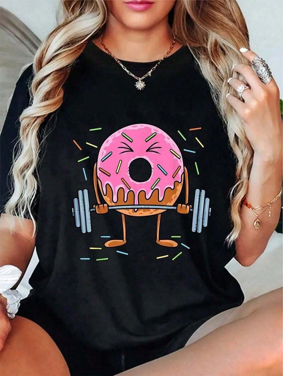 Workout Gym Donut Lover Camiseta  100 % algodón,camiseta de algodón grueso de 220g para mujer - Negro - Ver 1