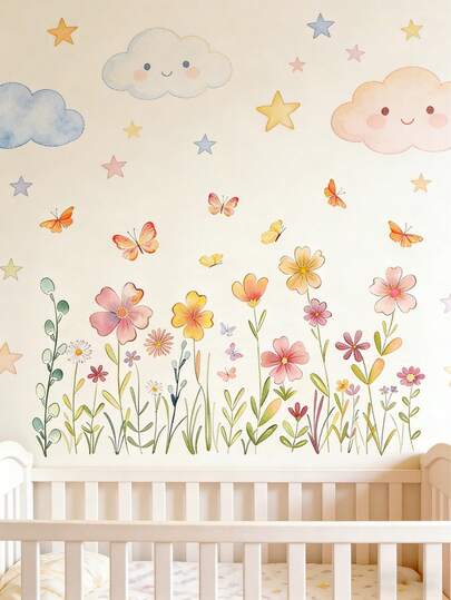 2 miếng dán tường hình bướm hoa màu nước, hình dán tường bướm hoa nhẹ nhàng và thư giãn để trang trí tường phòng công chúa, tự dính và có thể tháo rời, họa tiết bướm hoạt hình để trang trí tường phòng bé.