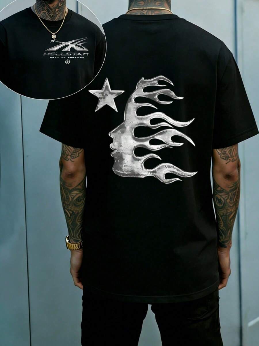 Hellstars Metallic Fire Hair Star Path To Paradise Vintage Washed T-Shirt Double Sided Printed (220g 100% Cotton T-Shirt),Summer Clothes, Men's Tops, Casual And Comfortable, Fashionable Graphic Tee, Unisex Style - 黑色 - 查看 1