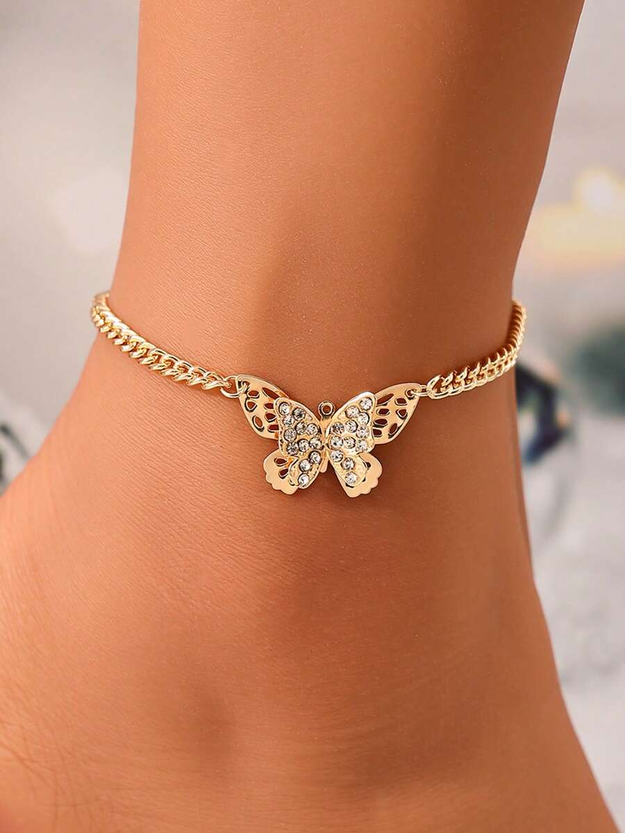 时尚女士简约温柔沙滩风蝴蝶个性化脚链 - 休闲风格（不含礼盒） - 金黃色 - 查看 1