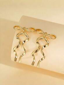 一对优雅的金色长蝴蝶结丝带耳环，女士款。 - 金色 - 查看 5