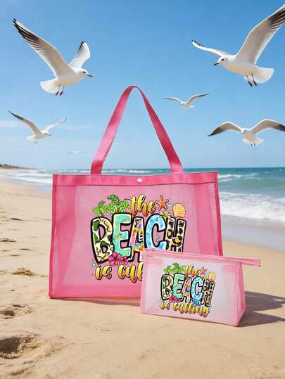 Mesh Tote And Small Bag Set With Summer "The Beach Is Calling" Pattern,Tote Bag,Beach Bag,Hawaiian Style Transparent Organizer Bag,Travel Toiletry Bag, Beach Handbag, Casual Vacation Bag,Cosmetic Storage Bag,Summer Essentials,Ideal For School, Vacation, Holiday & Back To School Use,Best Gift For Friends And Teachers,Ideal Birthday Gift, Party Gift, Summer Gift, Vacation Gift, Holiday Gift, Wedding Gift,Mother'S Day