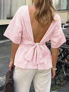 Look Polly 女士 Y2K 休闲度假蝴蝶结露背半袖上衣，春夏款 - 粉色 - 查看 1