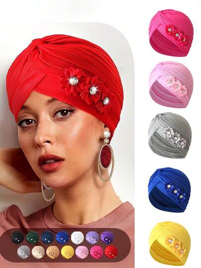 1pc Women's Floral Headscarf Hat, Fashionable Breathable Sweat-Absorbent Outdoor Accessory, Women Brimless Hat, Pleated, Headscarf Hat, Suitable For Daily Use And Travel