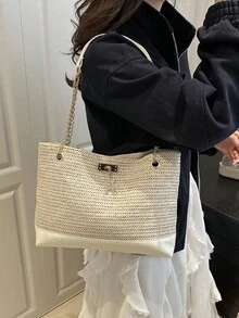 2024新款大容量沙滩包，女士时尚通勤复古链条单肩手提包，印花编织设计 - 白色 - 查看 4