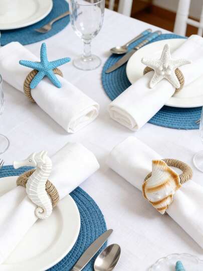 4pcs Starfish Napkin Rings, Suitable For Home, Kitchen, Restaurant, Meeting, Party, Hotel, Farmhouse, Wedding, Natural Material White Starfish Napkin Holder For Dining Table Decoration