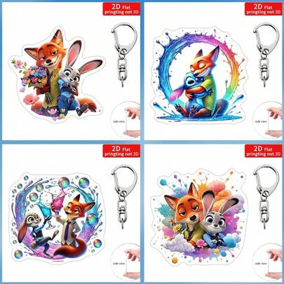Disney 2D Flat Cartoon Keychain Nick Fox And Judy Rabbit Floral Valentine's Day Gift Acrylic Keychain Cartoon Theme Design Acrylic Keychain Backpack Pendant Wallet Pendant, Backpack Wallet Keychain, The Best Birthday Gift For Friends, Relatives, And Lovers, Holiday Decoration, Home Decoration, Bag Accessory