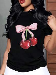 Dos cerezas brillantes unidas por un lazo rosa simbolizan la dulzura y la feminidad reflejando alegría y frescura en cada detalle camiseta de mujer blanca casual 220g elegante y moderna para uso diario - Negro - Ver 1