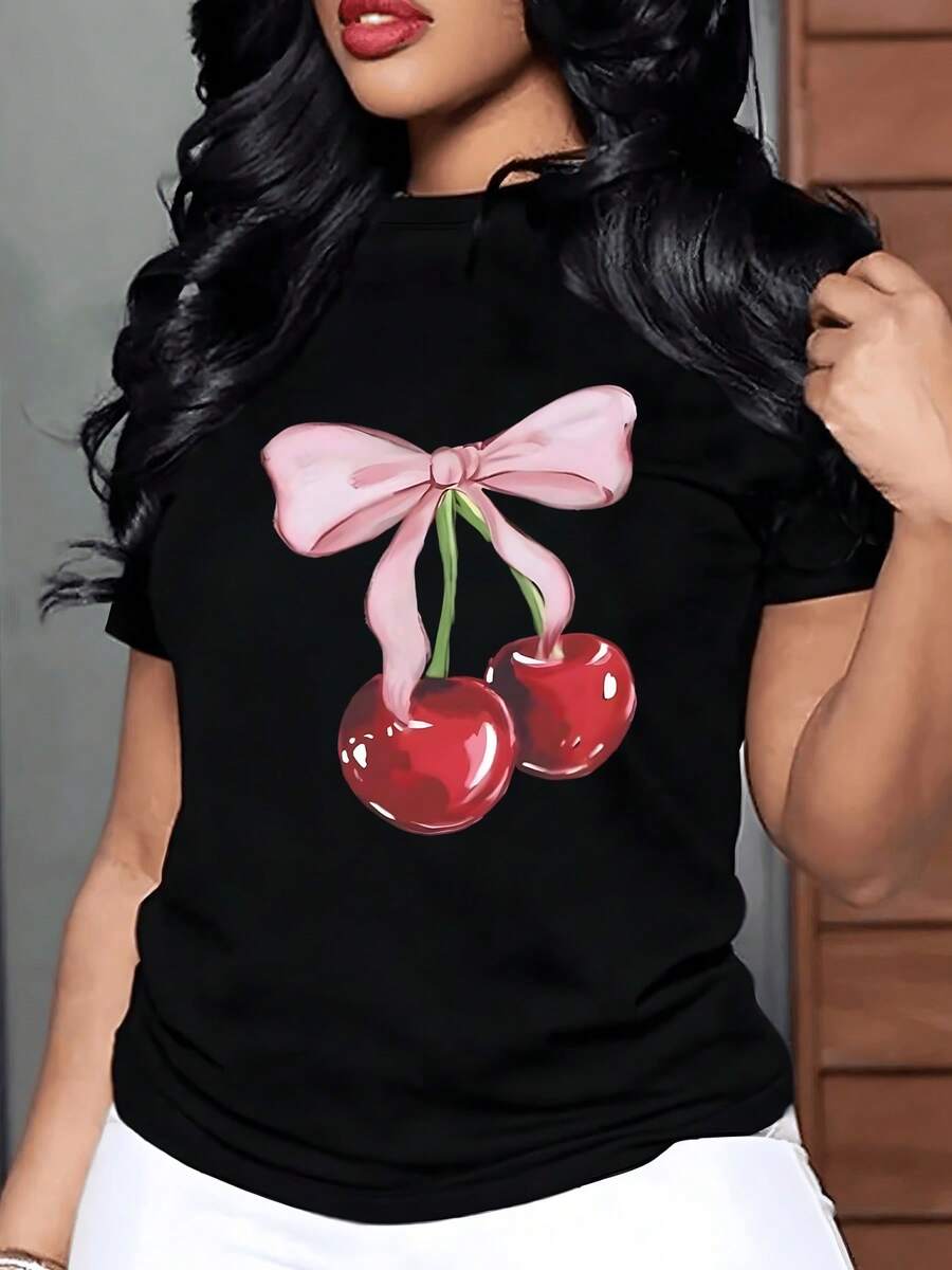 Dos cerezas brillantes unidas por un lazo rosa simbolizan la dulzura y la feminidad reflejando alegría y frescura en cada detalle camiseta de mujer blanca casual 220g elegante y moderna para uso diario - Negro - Ver 1