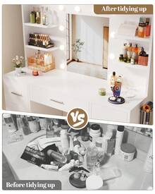 Devoko Large Dressing Table With Adjustable LED Lights + Mirror, 7 Drawers + 4 Open Shelves, Hair Dryer Holder & Multi-Port Charging, White - White - View 7