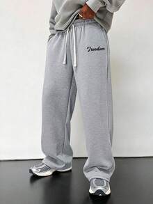 男士字母印花阔腿运动裤，黑色宽松休闲裤，垂坠感运动裤，复古美式字母运动裤，宽松阔腿裤，街头风休闲长裤 - 淺灰色 - 查看 10