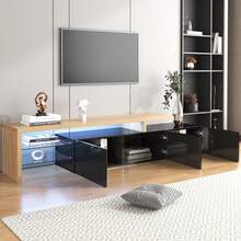 Modern TV Stand Design: Stylish Elegance, Practical Storage Space, Glossy Black, Wood Look, Glass Shelves, LED Lighting. - Natural Color + Black - View 11