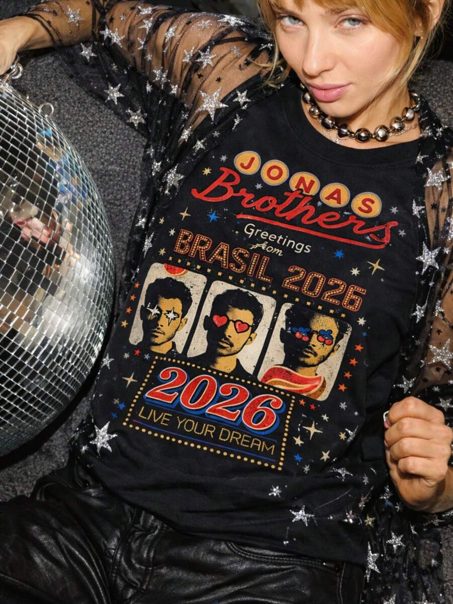 Brazil 2026 Show T-Shirt, Festival Fan, Joe, Nick, Kevin, Streetwear, Fashion, Oversized Black Blouse, Band, Music Festival, Show - 黑色 - 查看 1