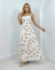 Women's Long Dress With Leaf Print, Crossed Straps, Casual, Summer, Tropical - 白色/裸色 - 查看 2