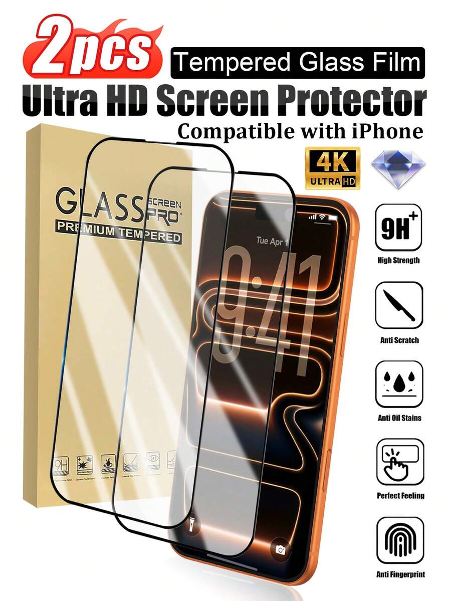 2pcs Full Screen Ultra-Clear Screen Protector, Silk-Screened Framed Tempered Glass, Anti-Scratch, Anti-Fingerprint, Compatible With Phone Cases, Smooth Edges Fit Phone Screen, Compatible With IPhone X/XS/11/12/13/14/15/16/17 Series - Black - View 1
