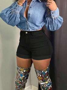 Women's Summer Fashionable High Waist Cuffed All-Match Versatile Denim Shorts - 黑色 - 查看 3
