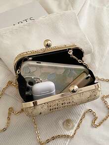 2026新款女士网纱手拿包，配金属纽扣，闪亮晚宴包，派对宴会包，适合婚礼、舞会礼服 - 金色 - 查看 3