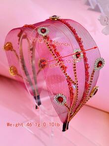 1pc Shiny Red Rhinestone Headband, Fashion Mesh Hollow Wide Beaded Hairband, Suitable For Bride, Wedding, Party, Celebration, Daily Casual Wear - Red - View 7