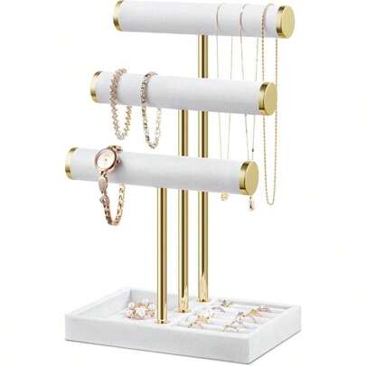 Bracelet Holder Jewelry Organizer Display - 3 Tier T Bar Velvet Stand, White Jewelry Storage For Bracelet, Necklaces, Earrings, Watches