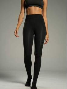 1件装女士黑色保暖内衬打底裤，弹力修身抓绒紧身裤，适合春秋季穿着 - 黑色 - 查看 7