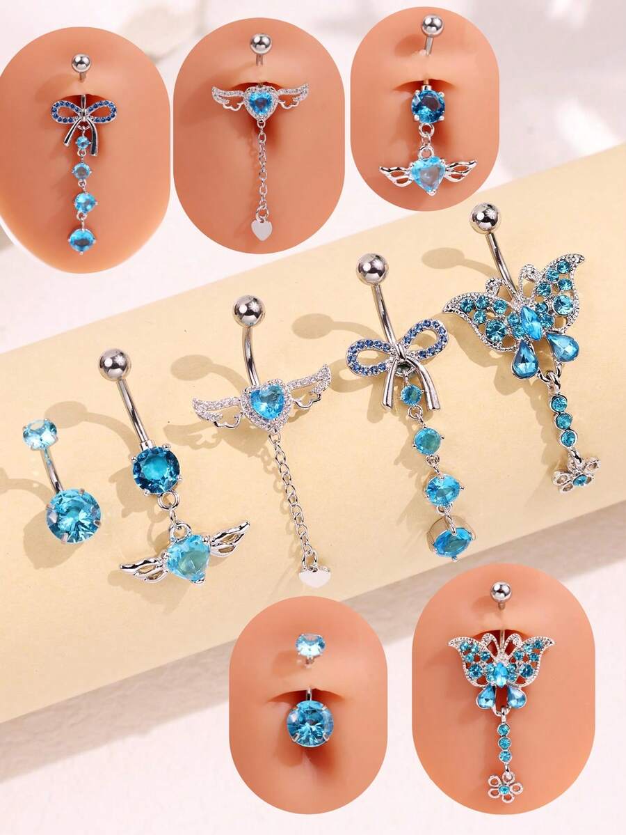 1pc Sexy Elegant High-End Beach Ocean Style Unique Butterfly Heart Wing Blue Zirconia Stainless Steel Navel Ring, Suitable For Daily, Beach, And Holiday Wear - Multicolor - View 1
