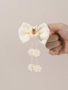 2pcs Cute Bear Tassel Hair Bows For Girls Bear Pattern Beige Grosgrain Ribbon Bow Alligator Clips With Pearl Flower Tassel Adorable Animal Printed Bow Hair Clips Vacation Tassel Bow Barrettes Teens Hair Accessories - Beige - View 4