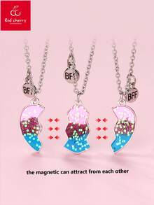 3 pièces Colliers pendentifs magnétiques en alliage de zinc scintillant en forme de cœur, mignons et à la mode pour filles BFF. Convient comme cadeau d'anniversaire pour la meilleure amie - Multicolore - Voir 3