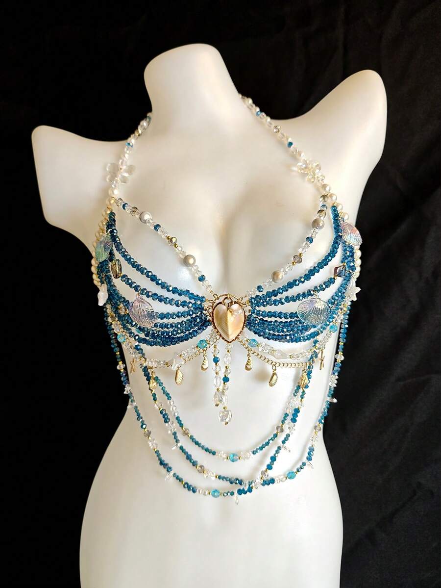 Dây chuyền đeo quanh người đính vỏ sò và ngọc trai thủ công unisex, phụ kiện áo ngực kiểu baroque gợi cảm.