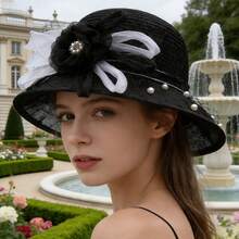 Women Organza Sun Hat Vintage Wide Brim Summer Hat With Pearls And Flowers Beach Visor Caps For Seaside Party - Black - View 4