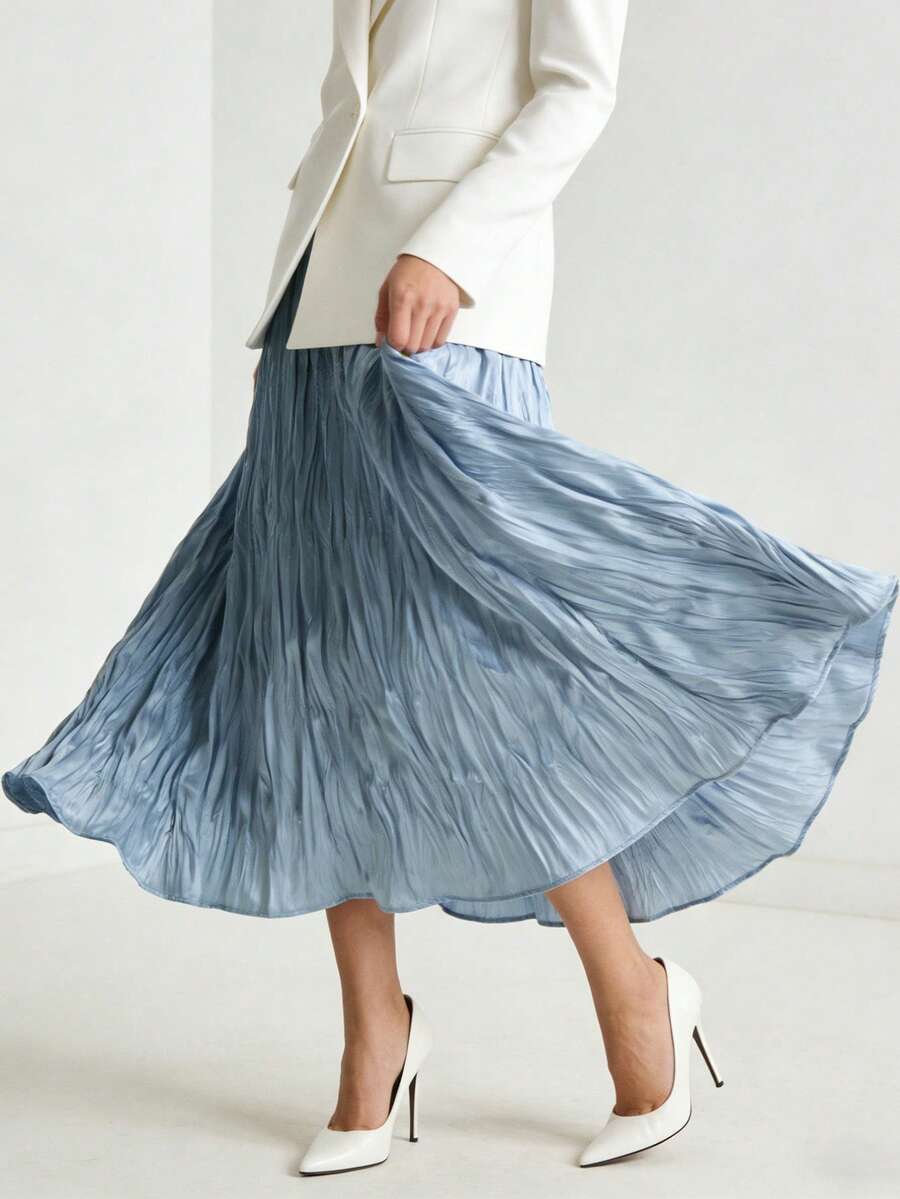 1件优雅纯色褶裥装饰女裙，适合办公室、日常穿着、度假、夏季约会，蓝色裙子 - 藍色 - 查看 1