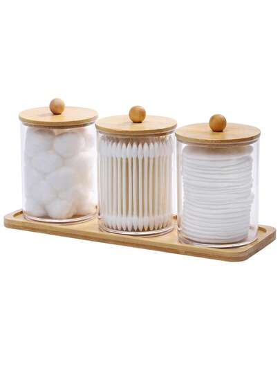 Caja de almacenamiento de hisopos de algodón con bandeja, 3 paquetes de contenedores de medicina de plástico con tapa, contenedores de almacenamiento de accesorios de baño, pueden almacenar bolas de algodón, hisopos de algodón redondos, lazos para el cabello, hilo dental, perfume, joyas, etc.
