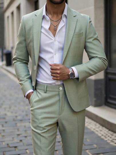 2pcs Men's Suit Set, Green Blazer Jacket And Pants, British Style Casual Business Commute Wedding Party Formal Wear, Spring/Summer