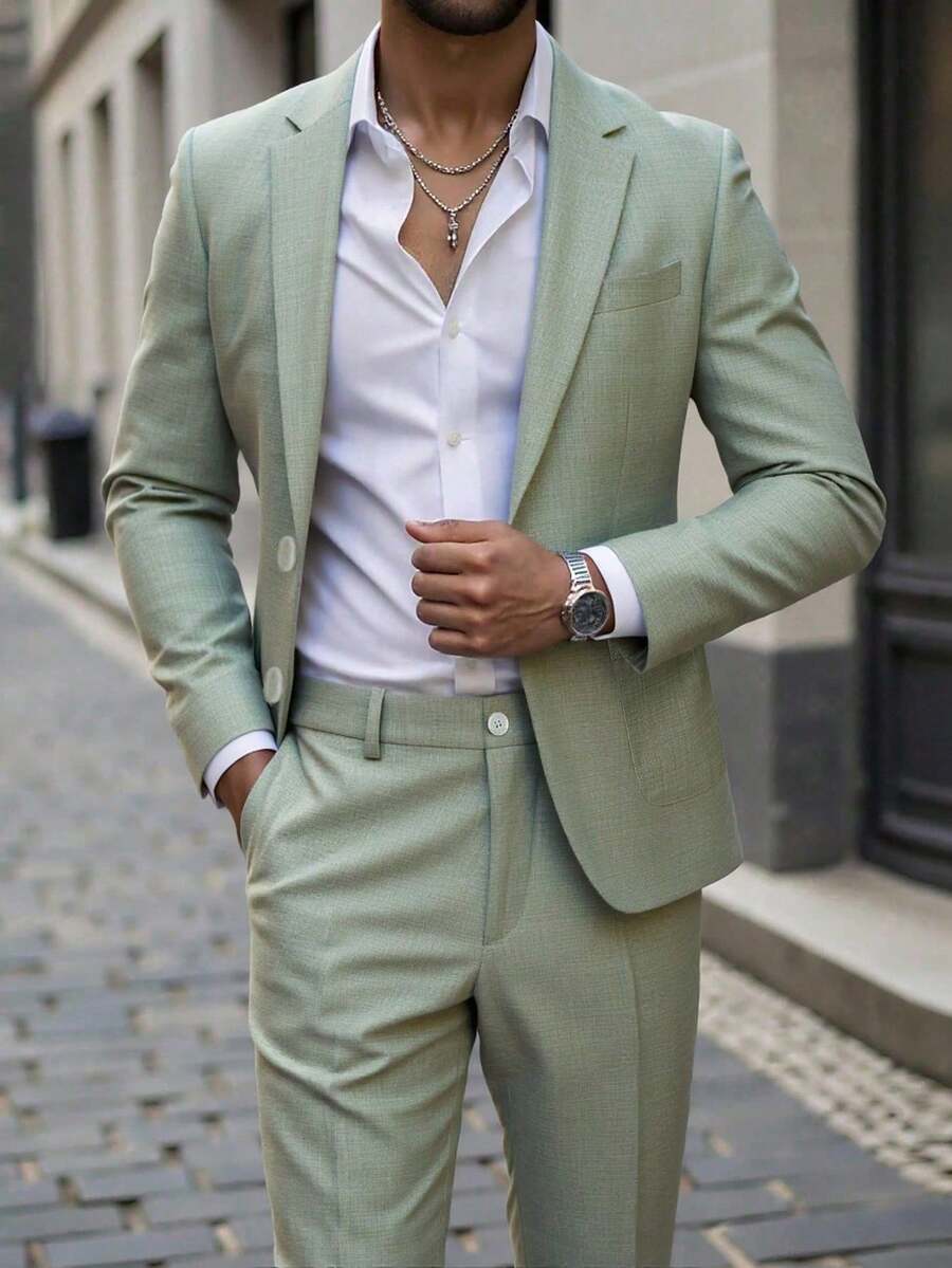 Bộ vest nam 2 món, áo blazer và quần màu xanh lá cây, kiểu Anh, thích hợp cho công sở, đi làm, dự tiệc cưới, trang phục trang trọng, mùa xuân/hè. - màu xanh lá - Xem 1