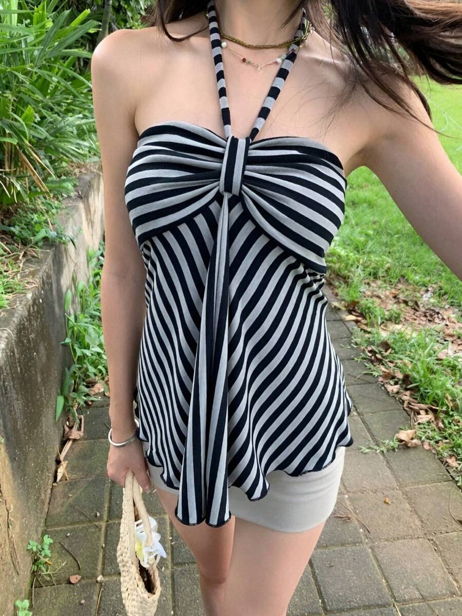 条纹无肩带露背吊带背心，百搭修身无袖短款上衣，夏季必备 - 條紋 - 查看 1