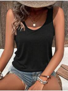 HypeHer New Summer 2026 Women's Versatile Commuter Pure Color Round-Neck Tank Undershirt Streetwear Slim Fit Camisole Tank Top, Spring/Summer, Summer Outfits For Women. - 黑色 - 查看 5
