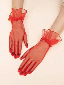1 Pair Red Mesh Floral Cuff Fingerless Gloves For Women, Solid Color Bridal Gloves Suitable For Weddings, Parties And Other Occasions - Red - View 2