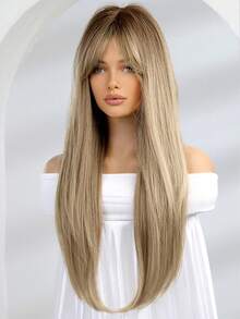 Ombre Linen Gold Long Straight Synthetic Wigs For Women Natural Wave Wigs With Bangs Heat Resistant Cosplay Hair - Multicolor - View 5
