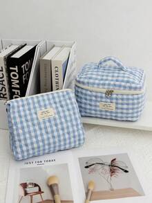 3PCS/1set Quilted Makeup Bag Set, Cosmetic Bag, Stylish Travel Toiletry Bag, Cute Small Pouch, Kawaii Aesthetic Makeup Bag, Travel Plaid Makeup Organizer Bag With Zipper Pocket, Chere Checkered Makeup Bag, Travel Makeup Bag, Large Capacity Pencil Case, Makeup Brush Holder Bag, Holiday Travel Toiletry Bag, Bathroom Accessories, Wedding Gift, Bridesmaid Gift, Birthday Gift, Friend Gift, Valentine's Day Gift, Holiday Gift, Bathroom Supplies, Back To School,Makeup Bag,Travel Essential - Multicolor - View 5