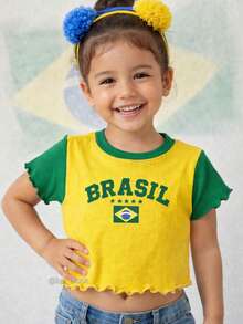 Cropped T-Shirt Brazil Kids Teen Girls World Cup National Team Babylook Fan Sizes 4 To 14 Viscolycra Green Blue Yellow - 黃色 - 查看 5