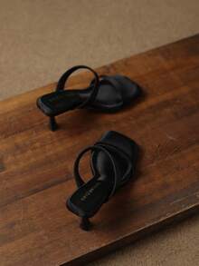 2026 Summer New Women's High Heel Slippers, Fashion Office Casual Party French Style Solid Color Square Toe Thin Heel Elegant Sandals, Suitable For Dresses - Black - View 4