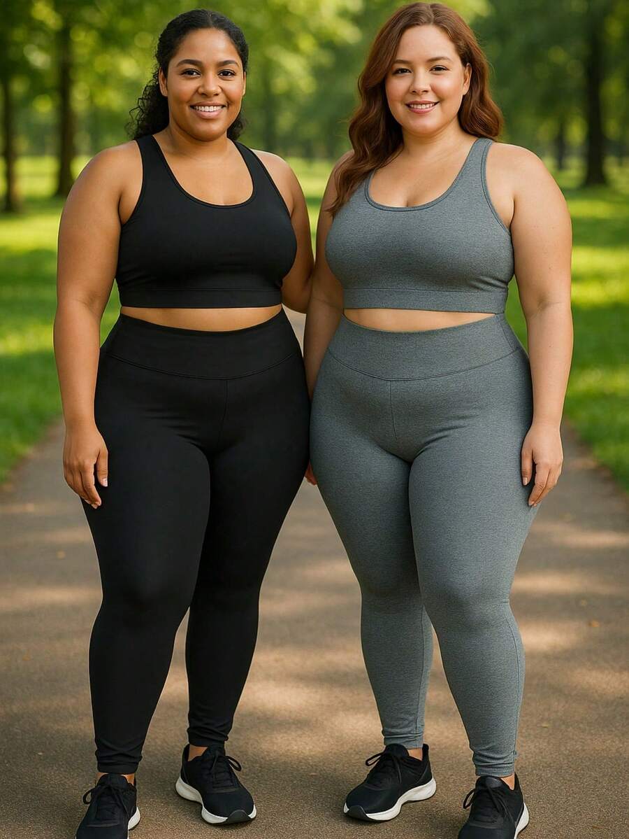 Kit Of 2 Women's Plus Size Leggings For Gym, Sizes G1, G2, G3, High Waist, Shaping, Thick, Non-See-Through, Comfortable - 1 Black + 1 Gray - View 1