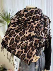 1pc Women's Leopard Print Cashmere Scarf, New Autumn/Winter Tasseled Warm Scarf, Comfortable Large Shawl, Windproof & Warm For Outdoor, Minimalist Versatile Daily Wear,Beach,Holiday - Black Rice - View 2