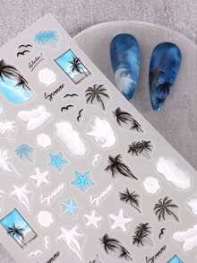 4pcs/Set Coconut Tree Summer Theme Nail Art Stickers, Including Jellyfish, Waves, Starfish, Seahorse And Fish Patterns. Colors Available In White, Blue And Purple, Suitable For Beach And Sand Theme. These DIY Self-Adhesive Stickers Can Be Used For Nail Art Decoration Accessories. - Multicolor - View 7