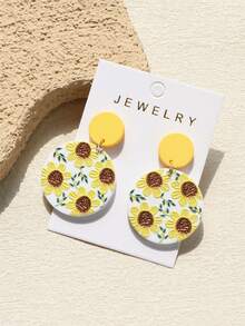 1对女士向日葵印花浅黄色陶瓷质感可爱优雅圆形亚克力耳环 - 彩色 - 查看 3